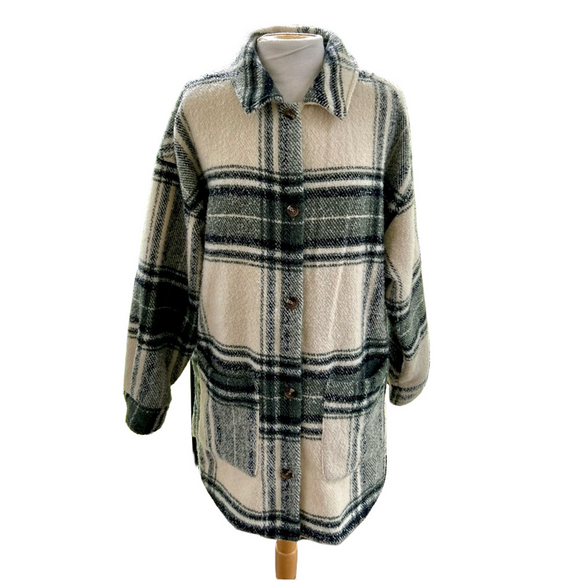 Roxy Check it Out Size XL Shirt Jacket Shacket Cream Green Plaid Blanket Coat - Picture 1 of 10